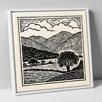 Borrowdale Fells In Striking Monochrome lake district valley canvas wall art in white frame