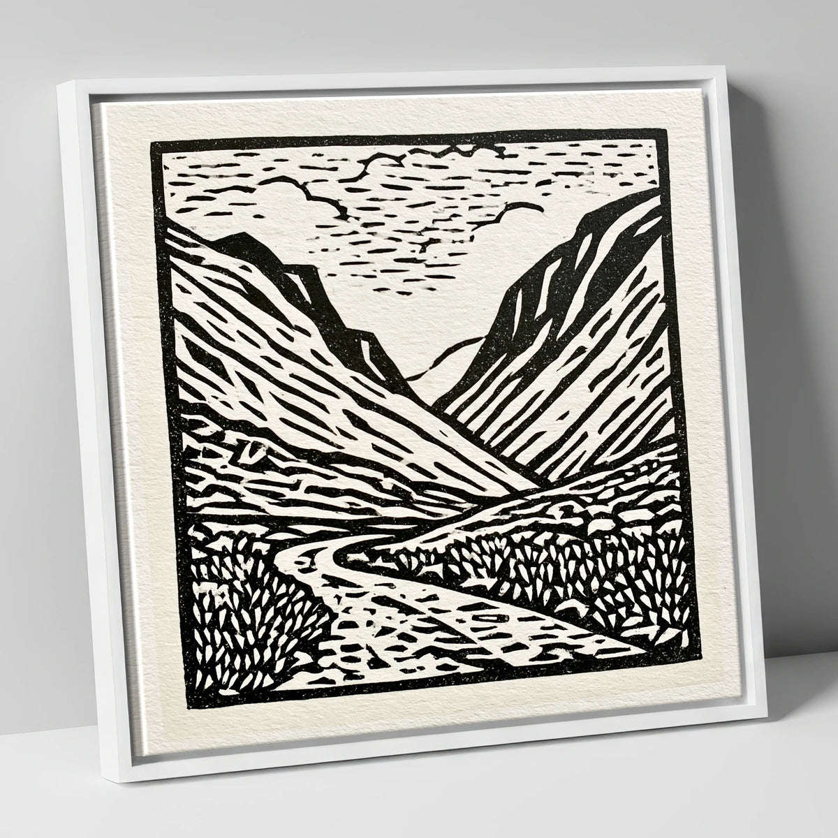 Honister Pass in Bold Monochrome lake district valley canvas wall art in white frame