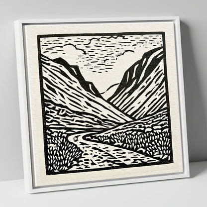 Honister Pass in Bold Monochrome lake district valley canvas wall art in white frame