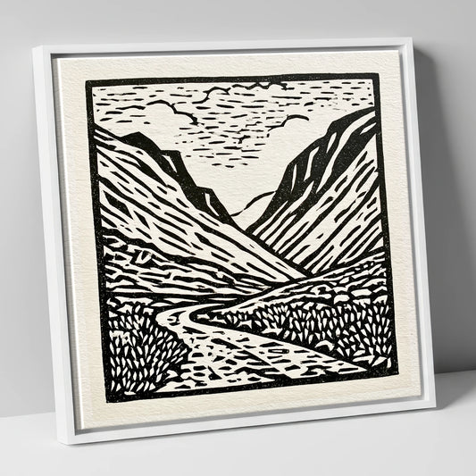 Honister Pass in Bold Monochrome lake district valley canvas wall art in white frame