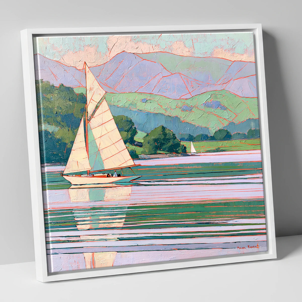 Breezy Sailing on Pastel Waters lake district walking canvas wall art in white frame