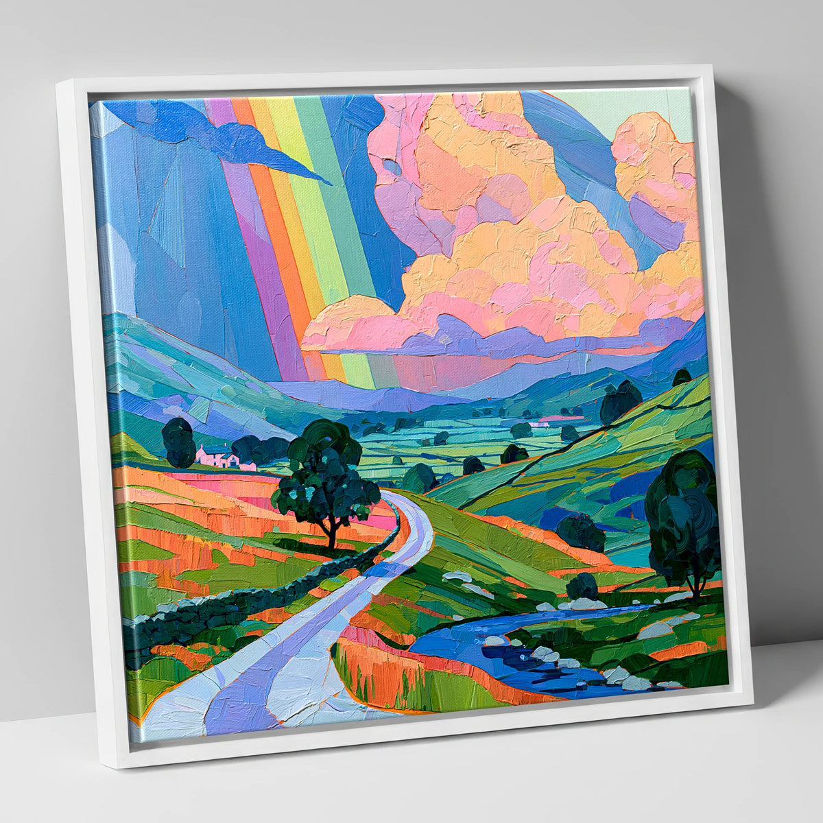 Vibrant Rainbow Over Lakeland Fells lake district sky canvas wall art in white frame