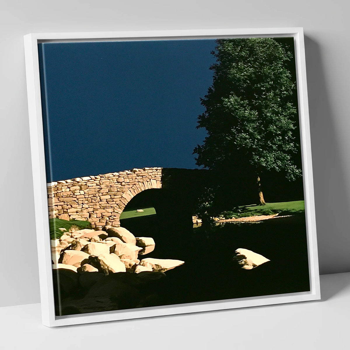 Stone Bridge Against Midnight Sky lake district waterfall canvas wall art in white frame