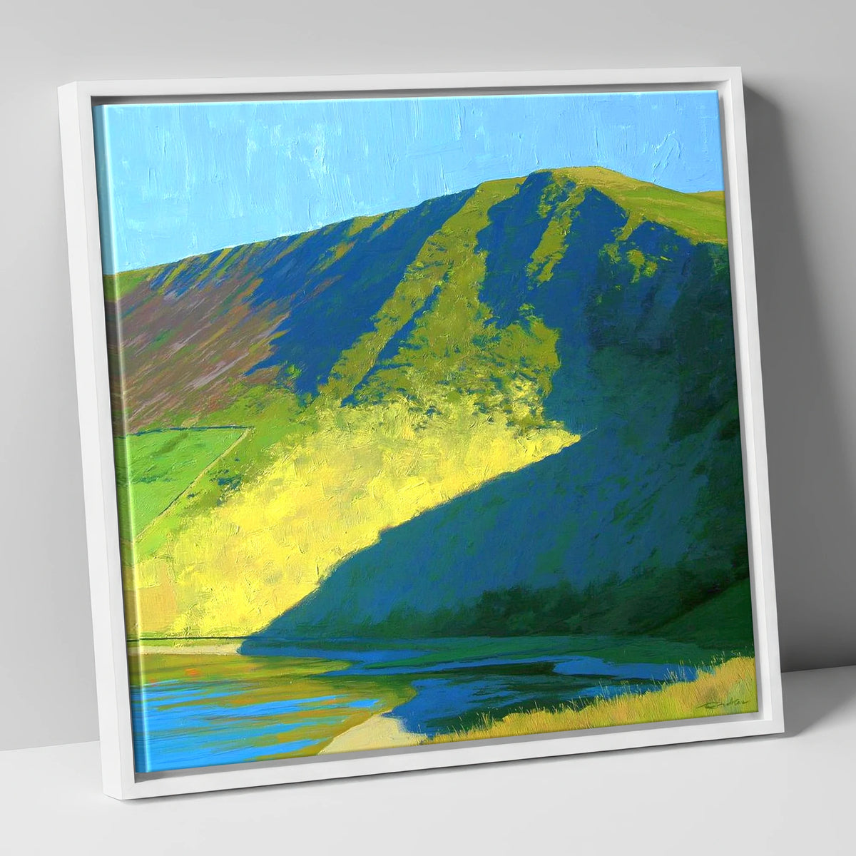 Sunlit Slopes of Lonscale Fell lake district fell canvas wall art in white frame
