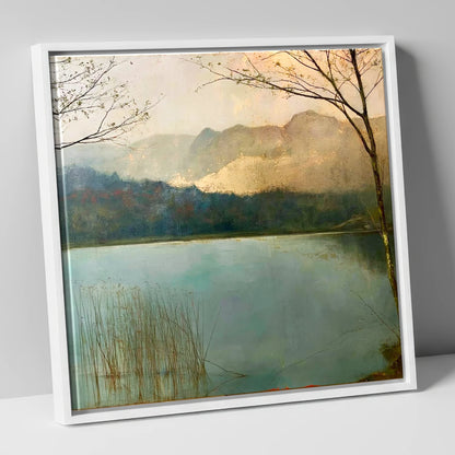 Gilded Light Over Elter Water lake district lake canvas wall art in white frame