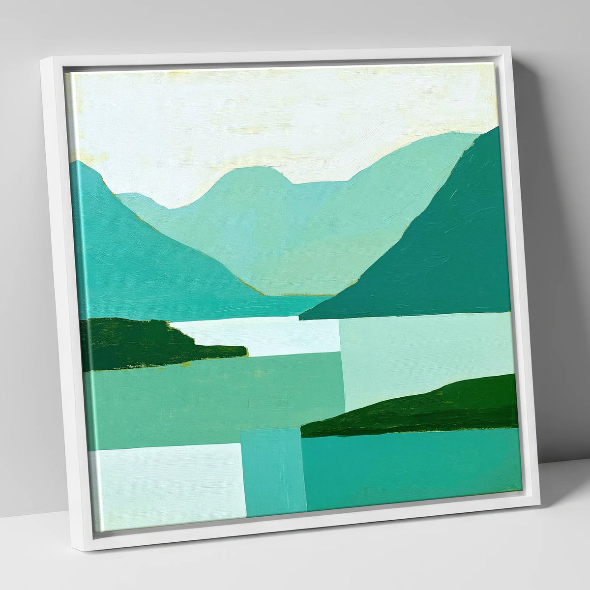 Wasdale Valley in Geometric Teal lake district valley canvas wall art in white frame