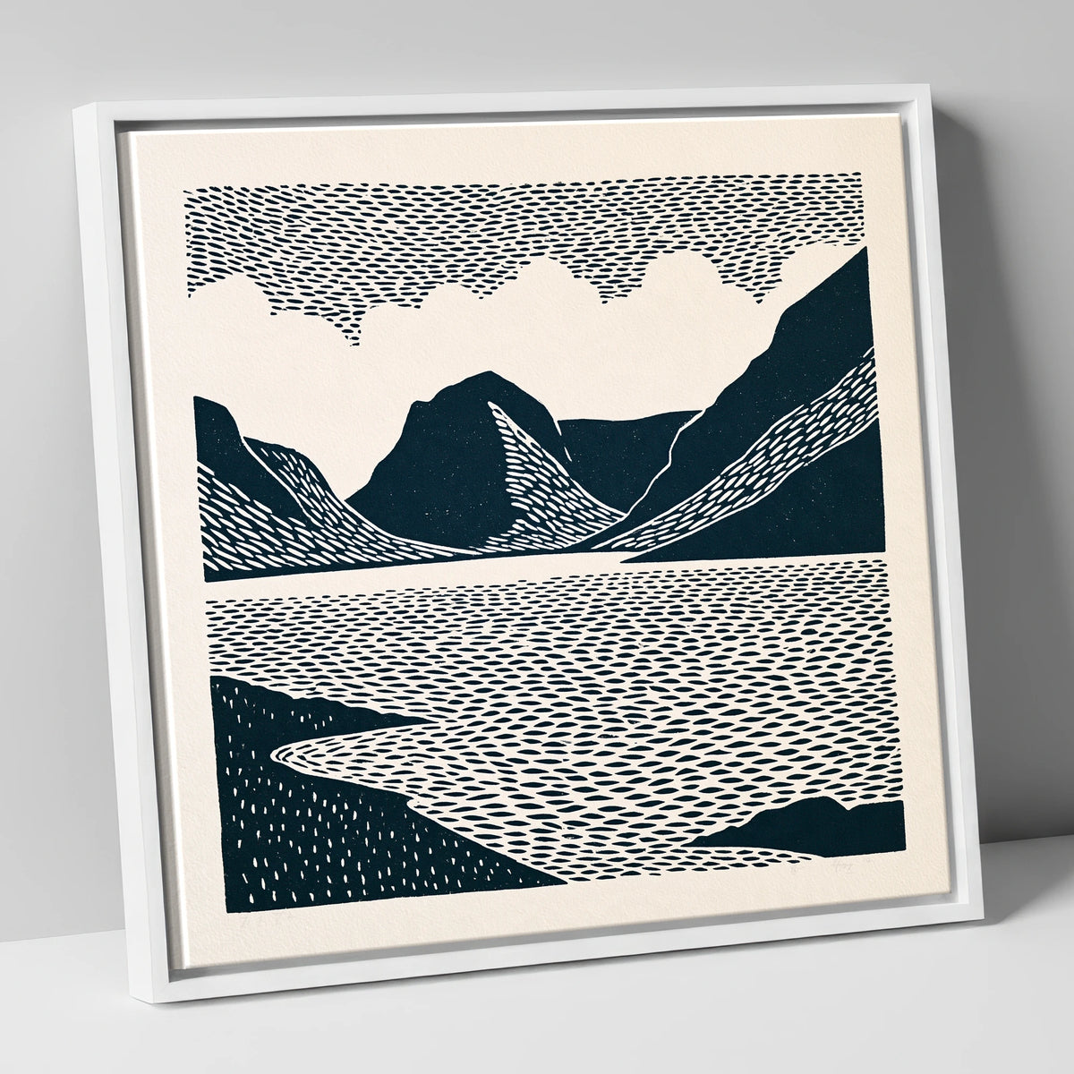 Crummock Water Graphic Landscape lake district lake canvas wall art in white frame
