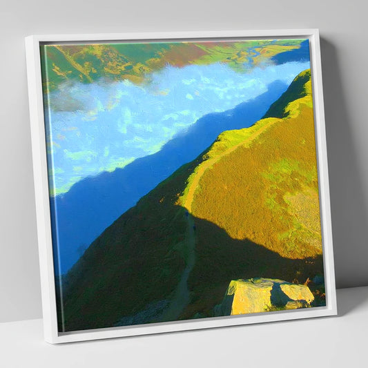 Sunlit Winding Path on Gibson Knott lake district fell canvas wall art in white frame