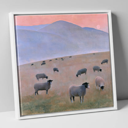 Herdwick Sheep on Pastel Fells lake district wildlife canvas wall art in white frame
