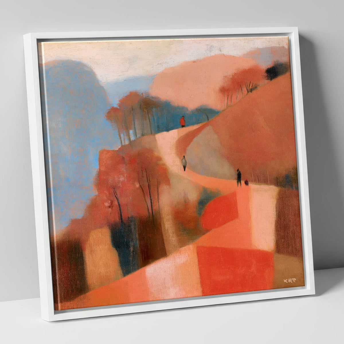 Terracotta Mountain Path Walkers lake district walking canvas wall art in white frame