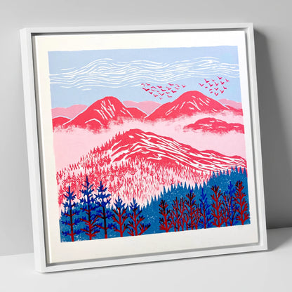 Red Misty Mountain Ridge lake district fell canvas wall art in white frame