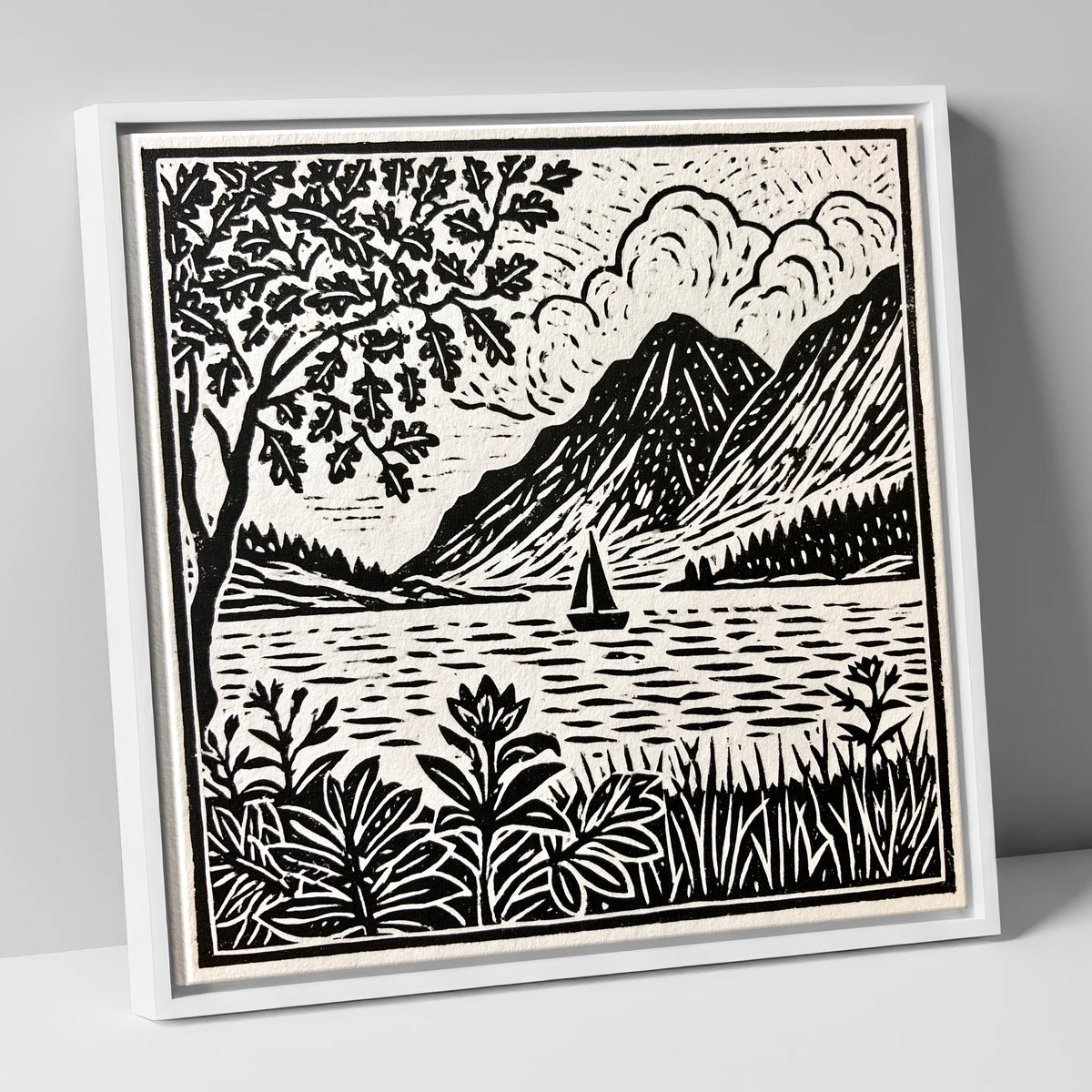 Monochrome Ennerdale Fells and Sailboat lake district valley canvas wall art in white frame