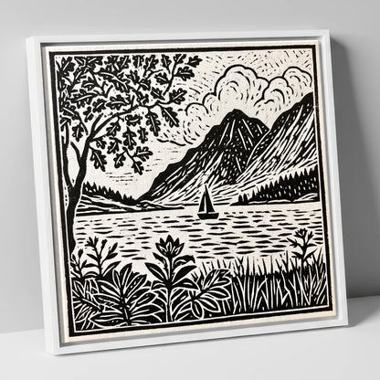 Monochrome Ennerdale Fells and Sailboat lake district valley canvas wall art in white frame