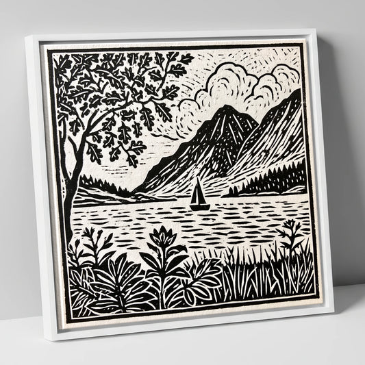 Monochrome Ennerdale Fells and Sailboat lake district valley canvas wall art in white frame