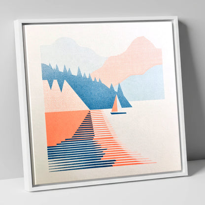 Geometric Sailboat on Windermere lake district lake canvas wall art in white frame