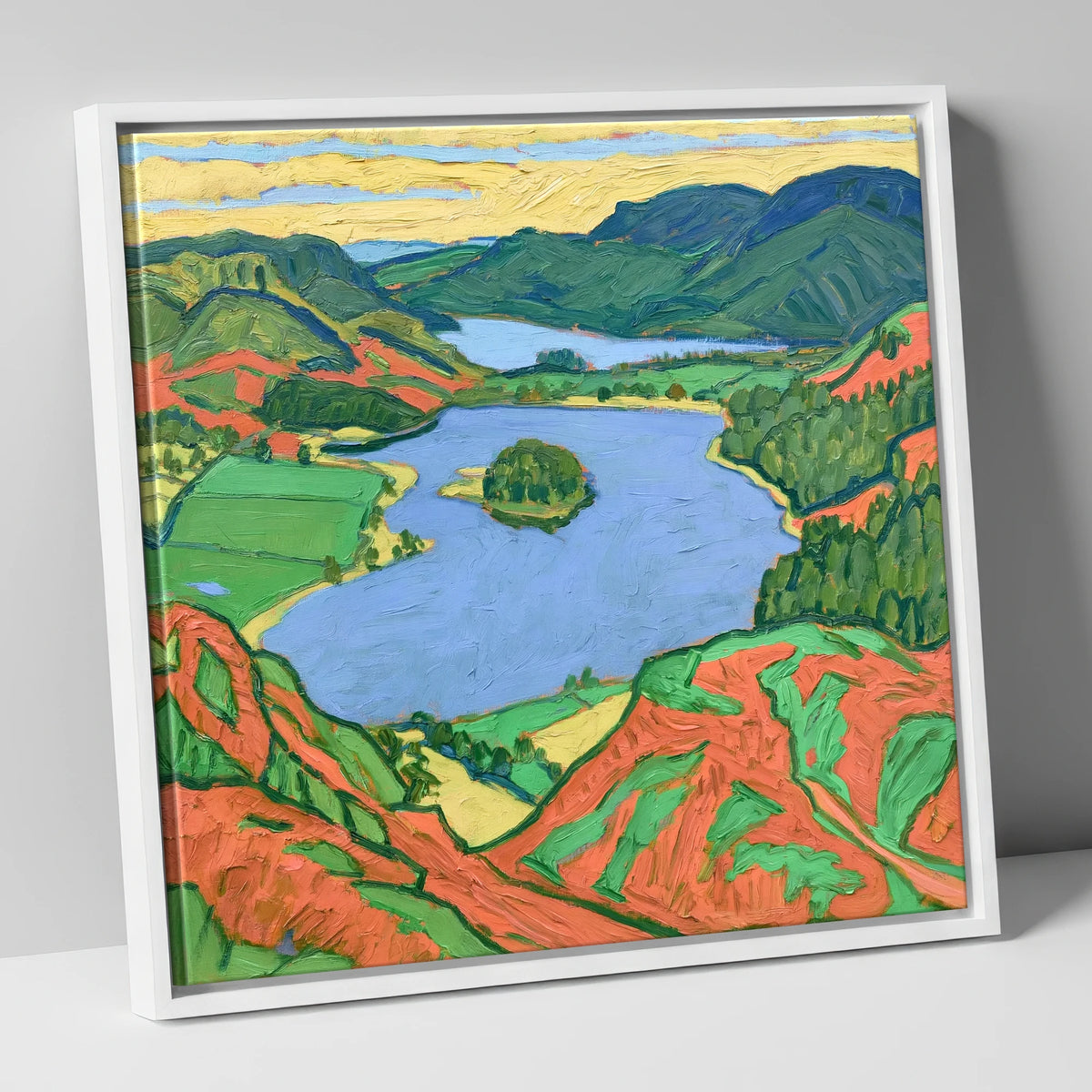 Vibrant Grasmere Over Red Bracken lake district lake canvas wall art in white frame