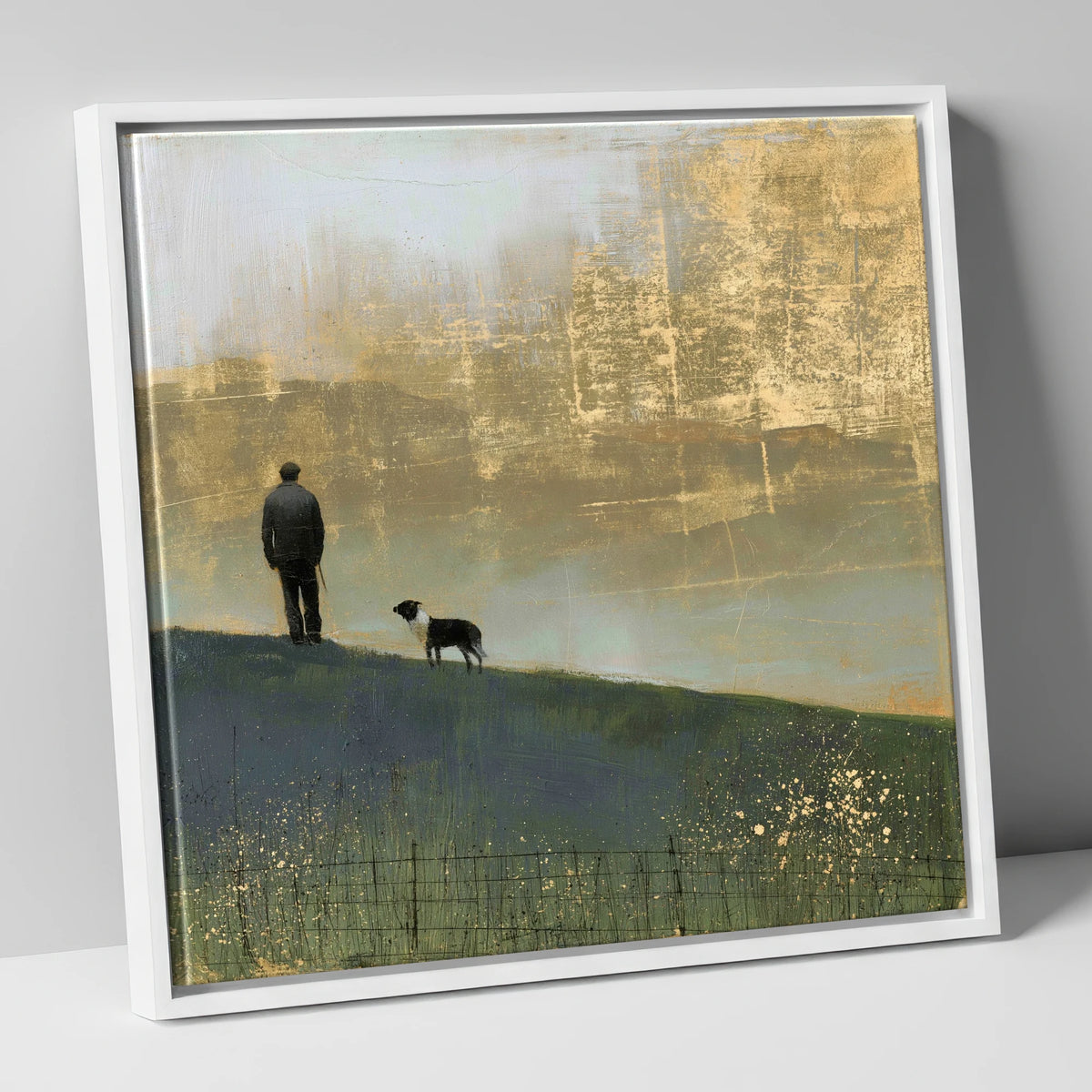 Shepherd and Dog in Golden Mist lake district wildlife canvas wall art in white frame