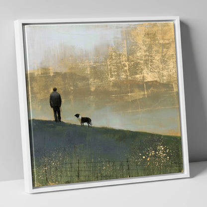 Shepherd and Dog in Golden Mist lake district wildlife canvas wall art in white frame