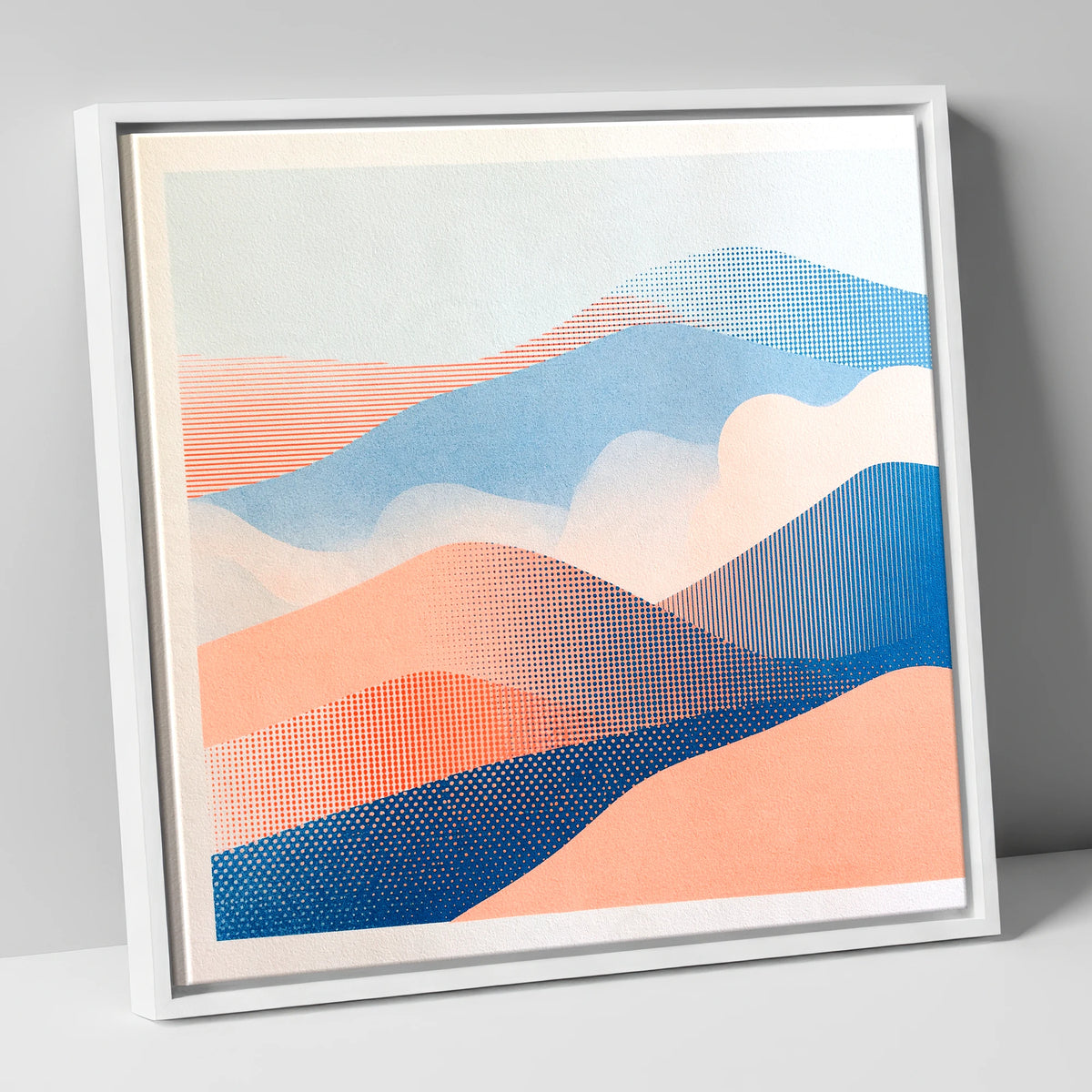 Coral and Blue Rolling Fells lake district fell canvas wall art in white frame