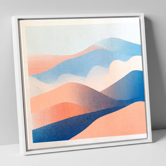 Coral and Blue Rolling Fells lake district fell canvas wall art in white frame
