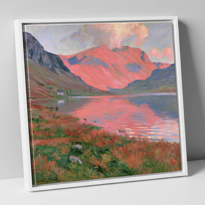Mountain Lake with Pink Sunset lake district lake canvas wall art in white frame