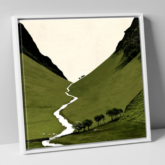 Winding Beck in Green Valley lake district valley canvas wall art in white frame