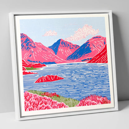 Vibrant Wasdale Fells and Lake lake district valley canvas wall art in white frame