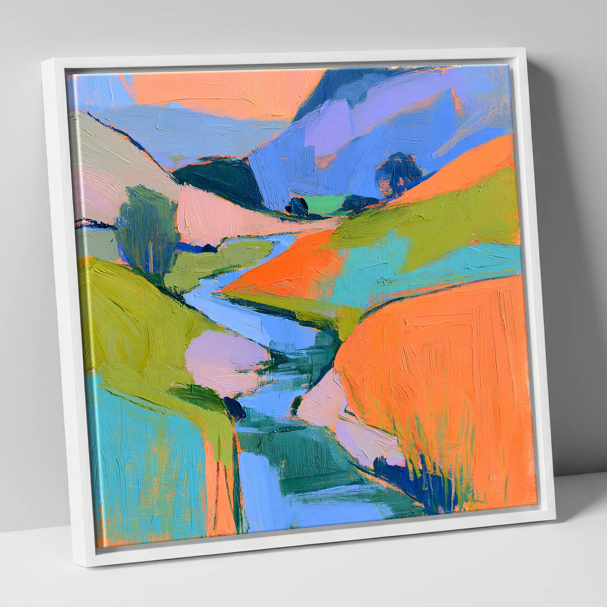 River Valley in Vivid Colour lake district waterfall canvas wall art in white frame