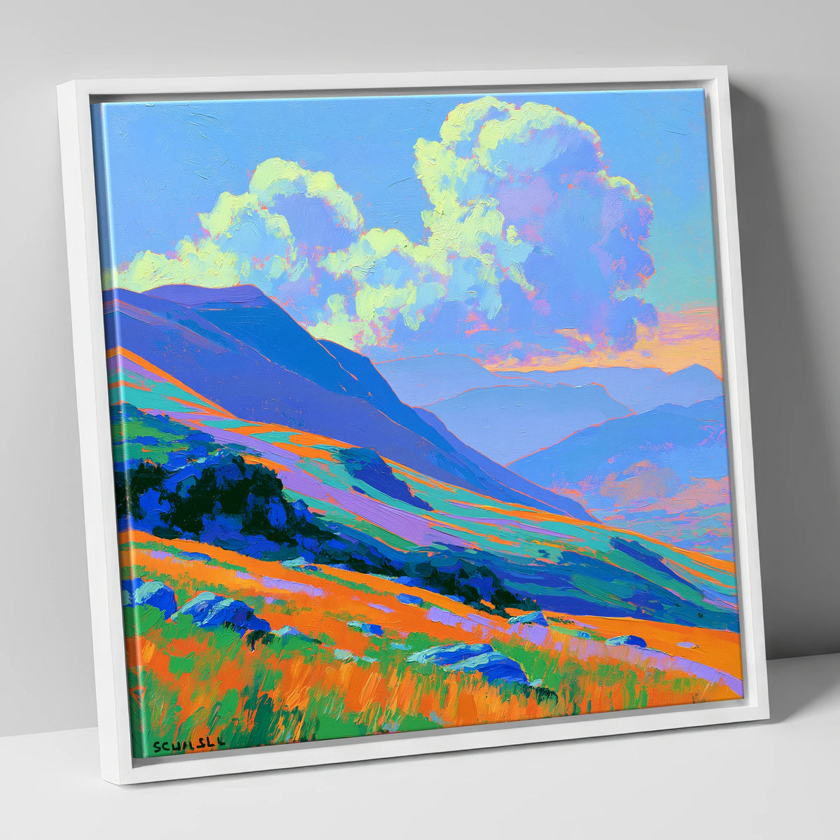 Vibrant Rolling Fells Under Cloud lake district fell canvas wall art in white frame
