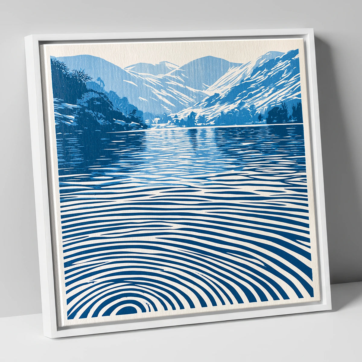 Cobalt Ripples on Dawn Lake lake district lake canvas wall art in white frame