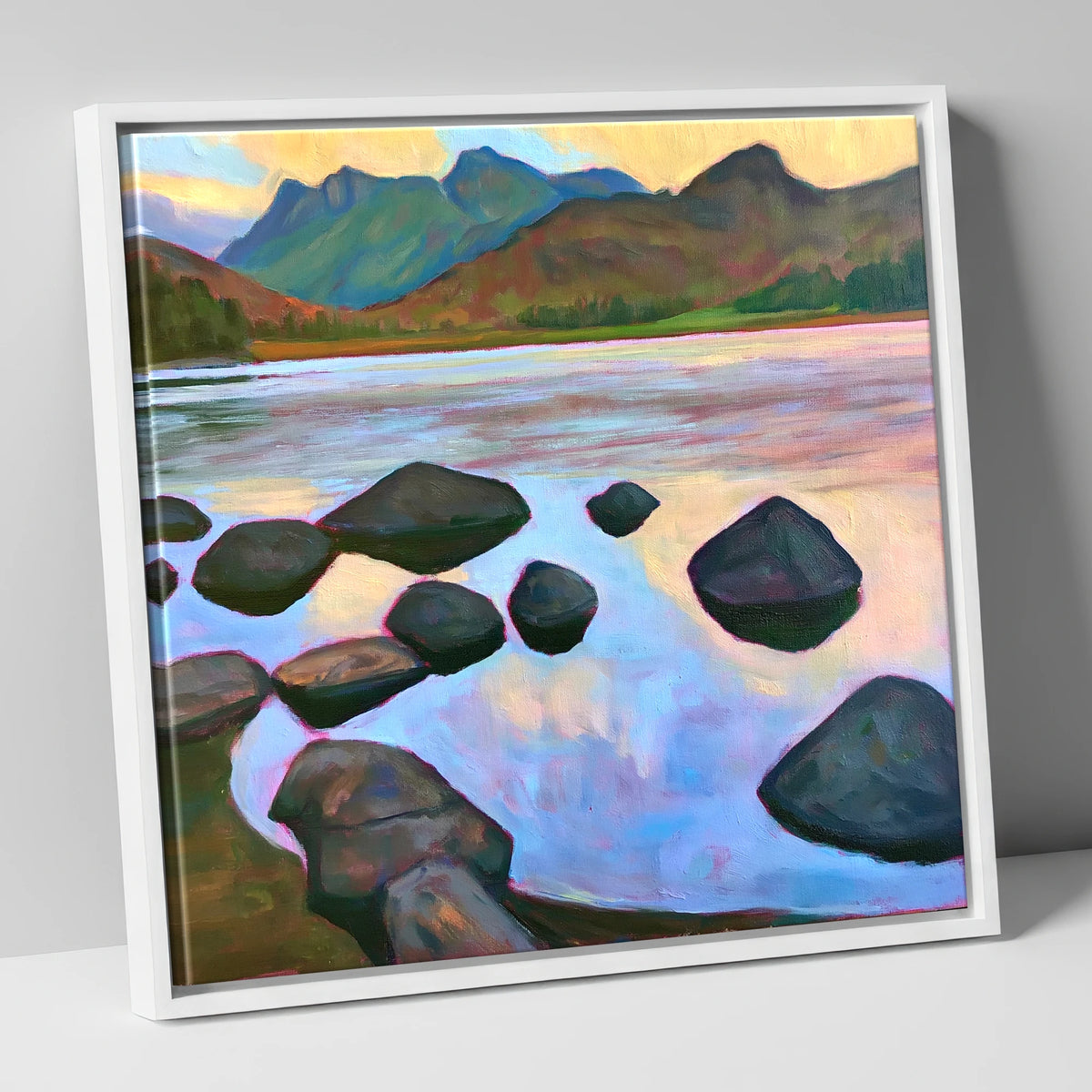 Elterwater Rocks at Sunset lake district lake canvas wall art in white frame