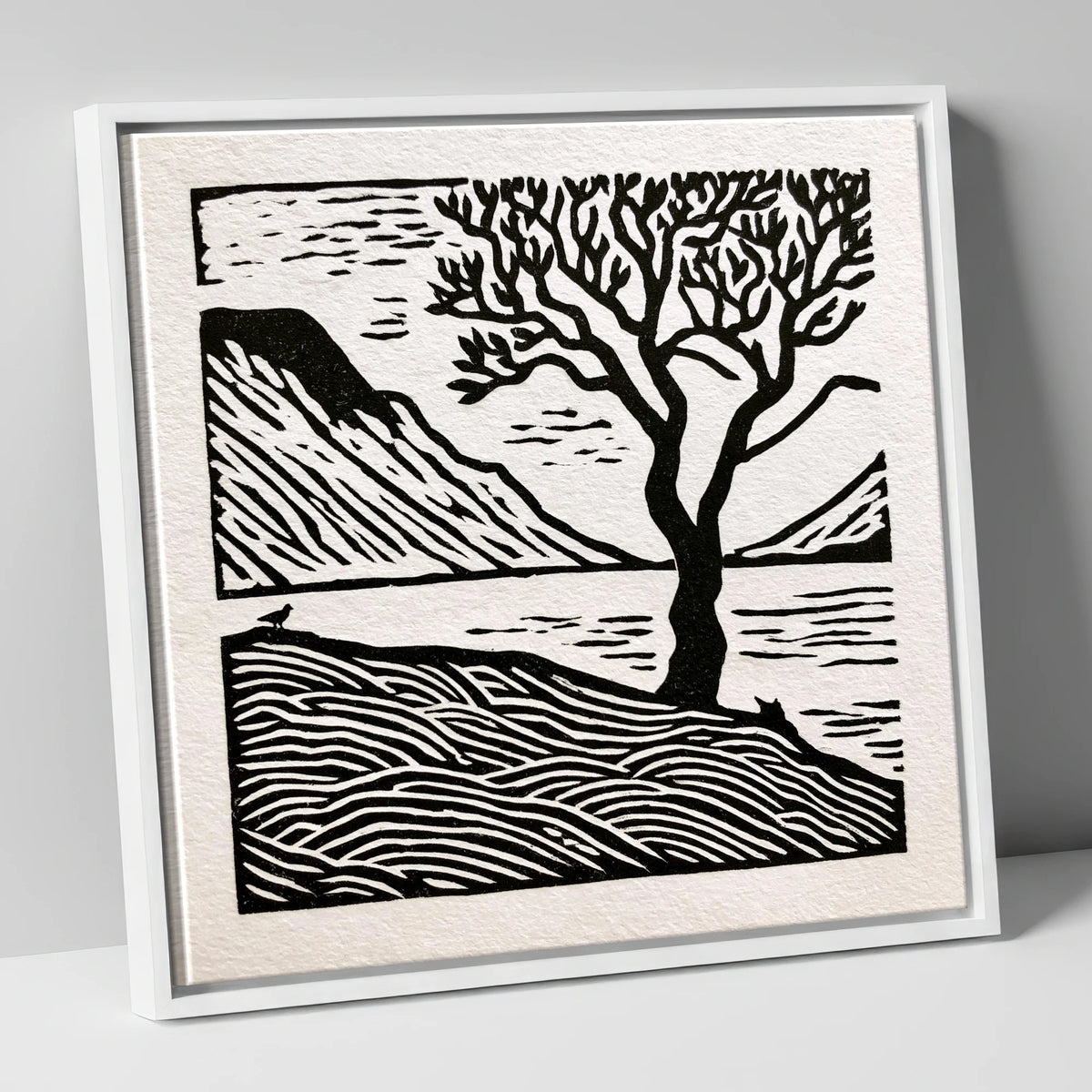 Monochrome Wasdale Fells and Tree lake district valley canvas wall art in white frame