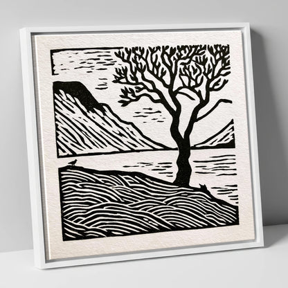 Monochrome Wasdale Fells and Tree lake district valley canvas wall art in white frame