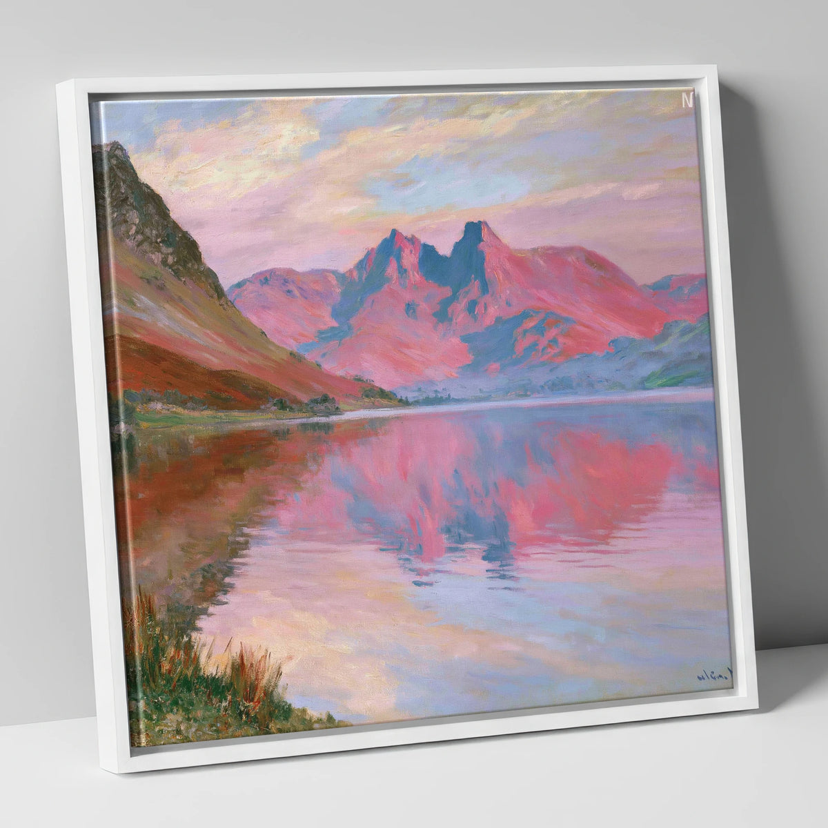Radiant Sunset at Loweswater lake district lake canvas wall art in white frame