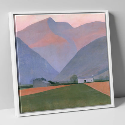Valley Farm Beneath Pastel Fells lake district valley canvas wall art in white frame
