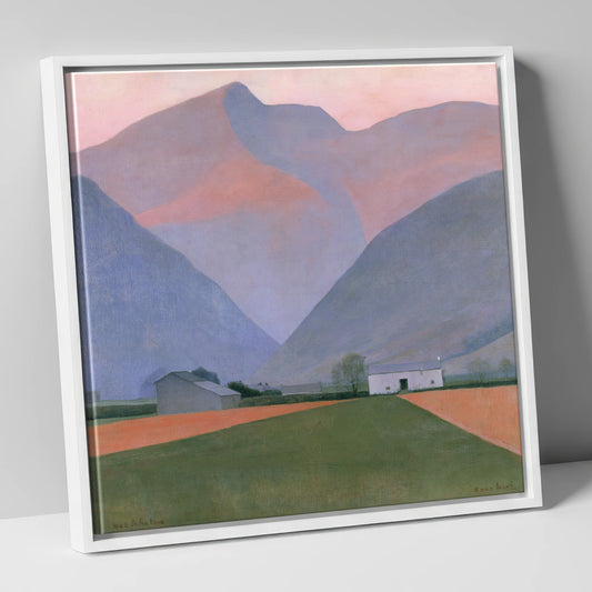 Valley Farm Beneath Pastel Fells lake district valley canvas wall art in white frame
