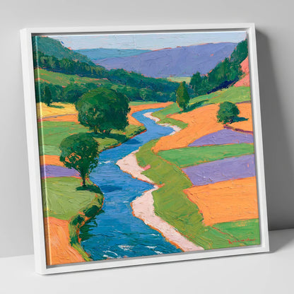 Electric Blue Winding River Valley lake district waterfall canvas wall art in white frame