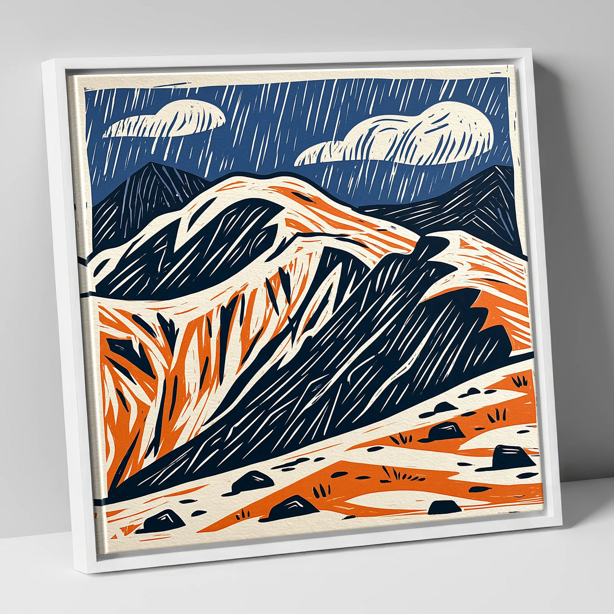 Helvellyn Ridge in Blue and Terracotta lake district fell canvas wall art in white frame