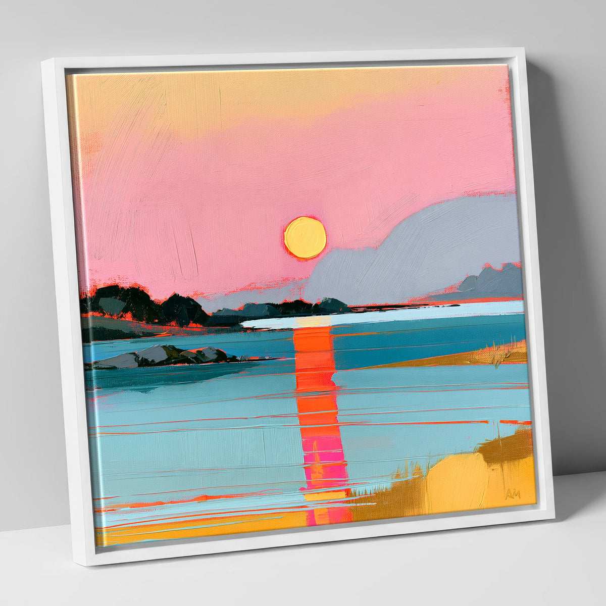 Vibrant Pink Sunset Over Water lake district lake canvas wall art in white frame