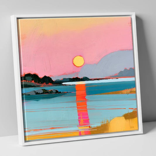 Vibrant Pink Sunset Over Water lake district lake canvas wall art in white frame
