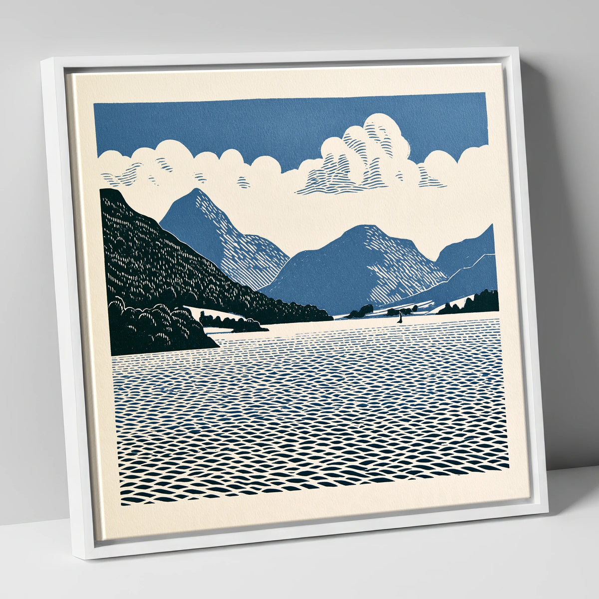 Graphic Navy Ullswater Landscape lake district lake canvas wall art in white frame