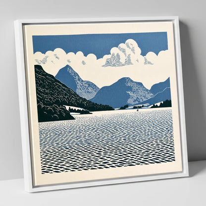 Graphic Navy Ullswater Landscape lake district lake canvas wall art in white frame