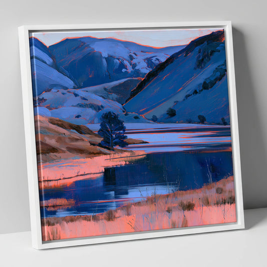 Fell Lake in Coral Light lake district lake canvas wall art in white frame