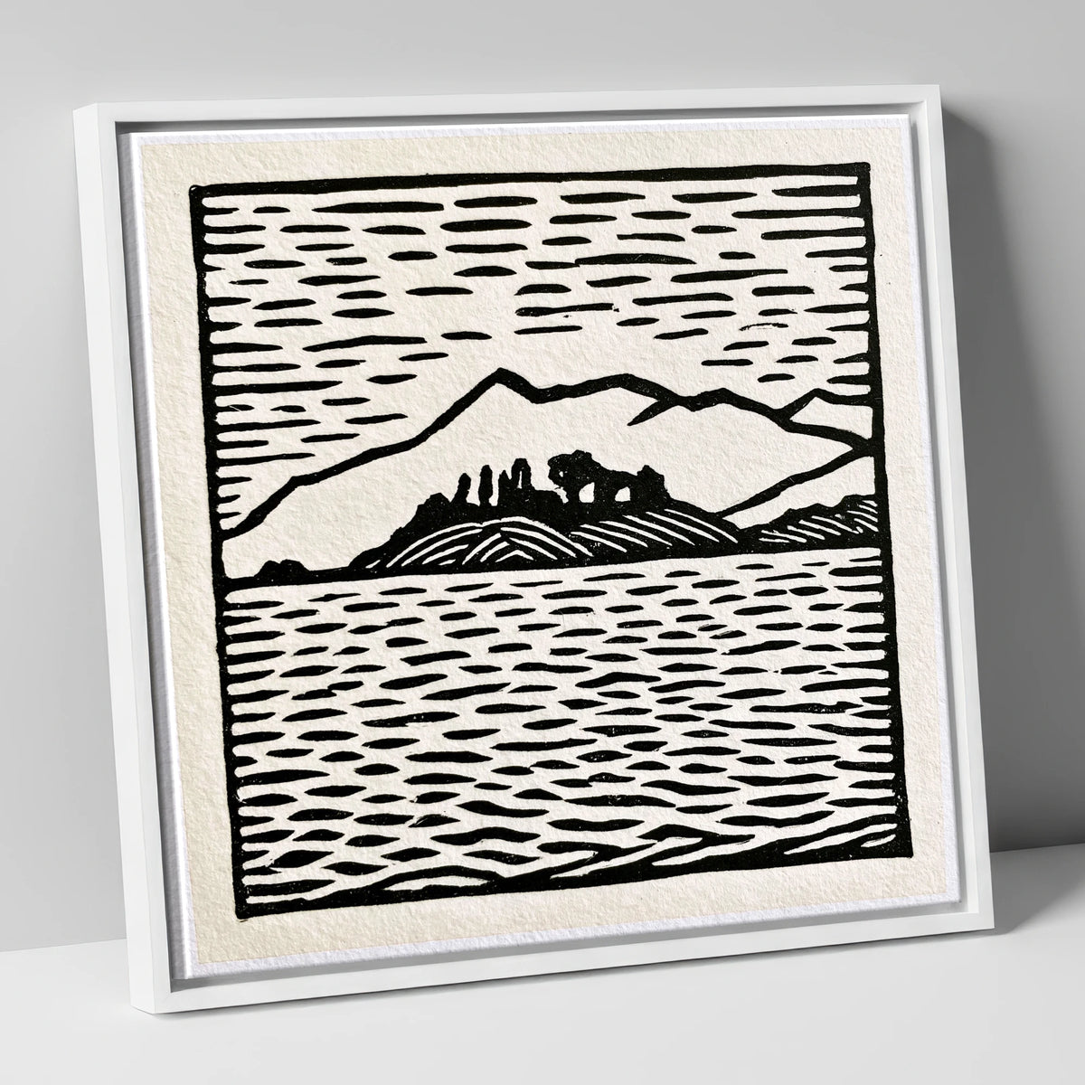 Bold Monochrome Derwentwater Island lake district lake canvas wall art in white frame