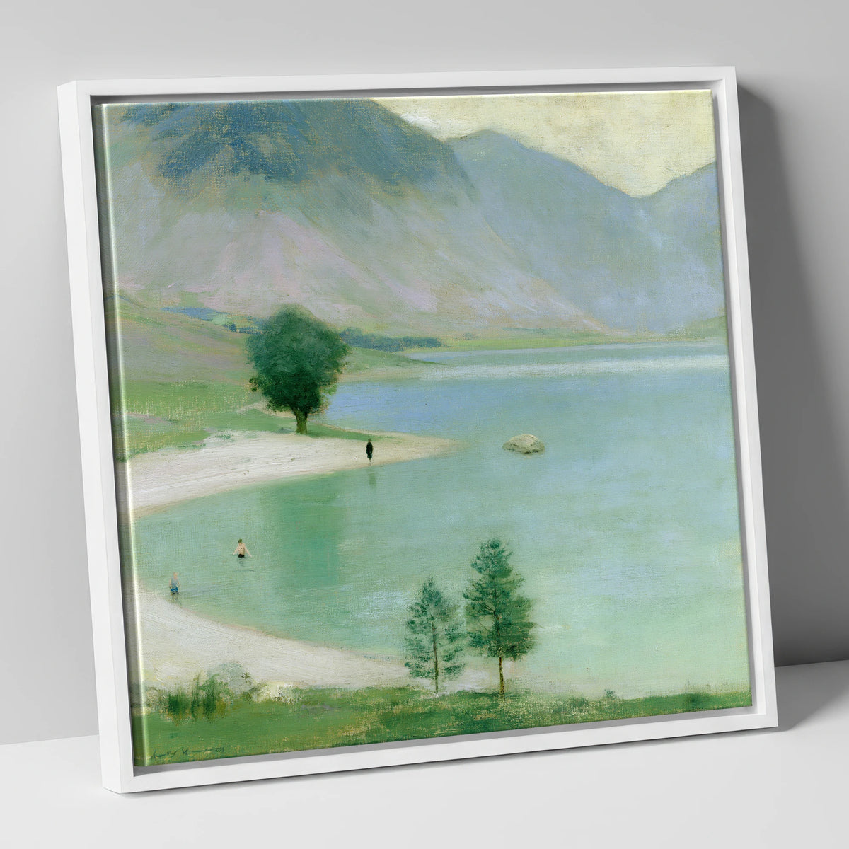 Wild Swimmers in Hazy Wastwater lake district walking canvas wall art in white frame