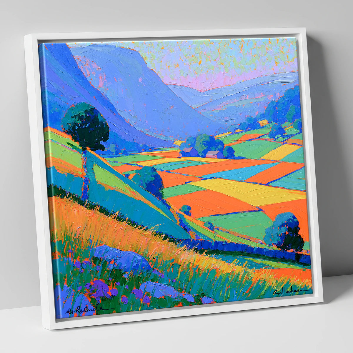 Bold Patchwork Fields and Fells lake district valley canvas wall art in white frame