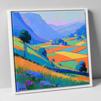 Bold Patchwork Fields and Fells lake district valley canvas wall art in white frame