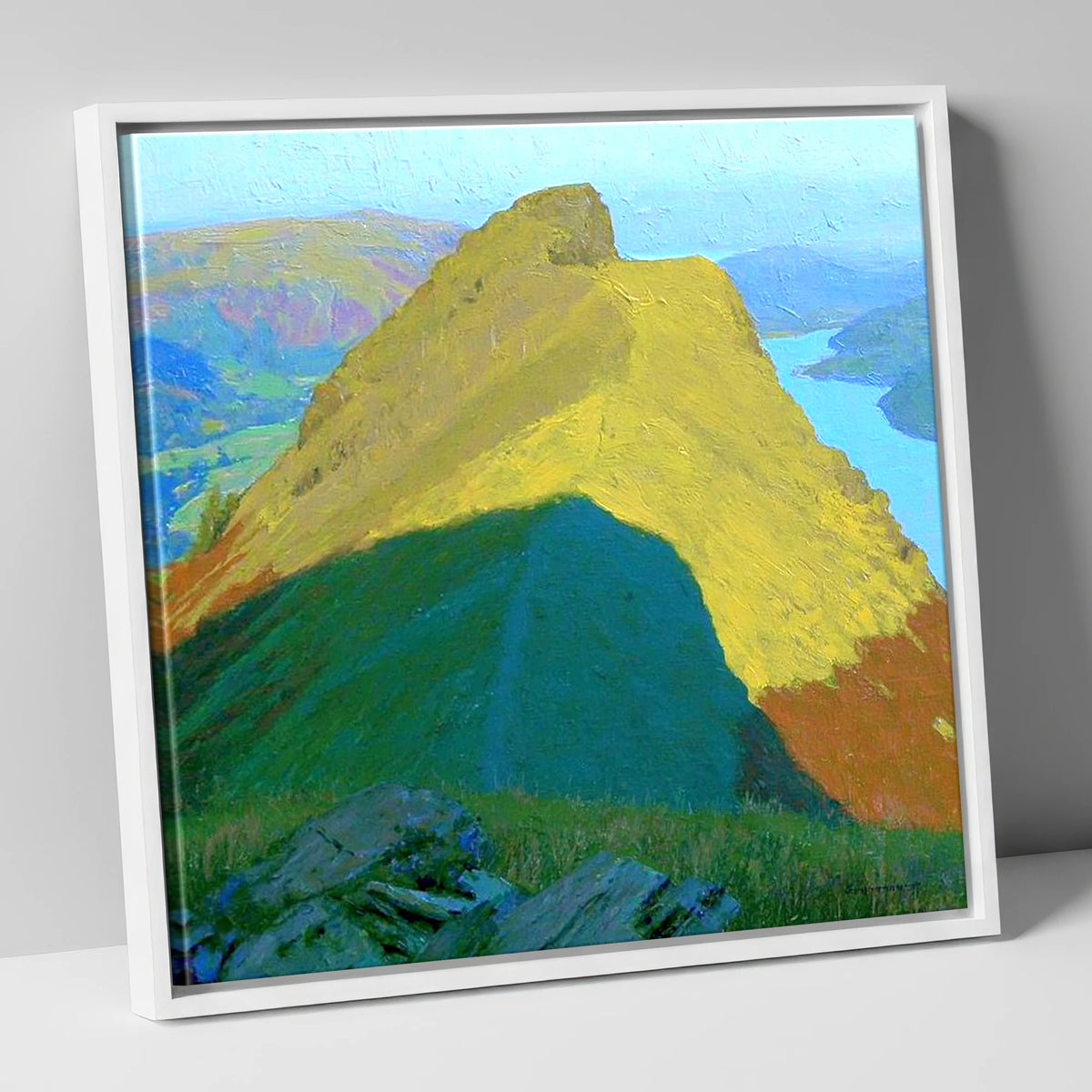 Sunlit Helm Crag Summit Ridge lake district fell canvas wall art in white frame