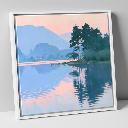 Pastel Dawn Over a Still Lake lake district lake canvas wall art in white frame