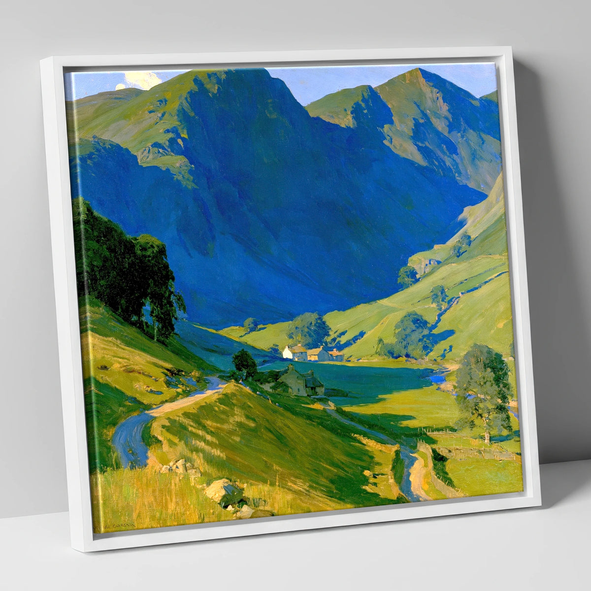Valley Farm Beneath Blue Fells lake district valley canvas wall art in white frame